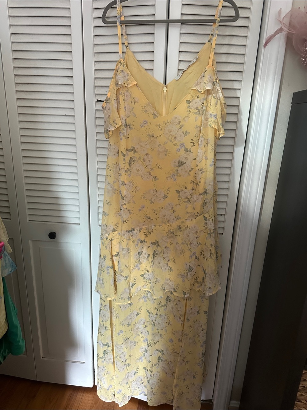 Yellow Floral Tiered Maxi Slip Dress with Ruffle Straps